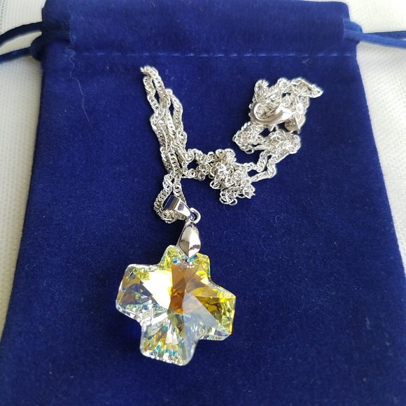 Swarovski Elements 925 Sterling Silver Aurora Borealis Cross Necklace NWT - Picture 5 of 11